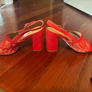 Anthropologie Red Lace and Suede Block Heel Sandals